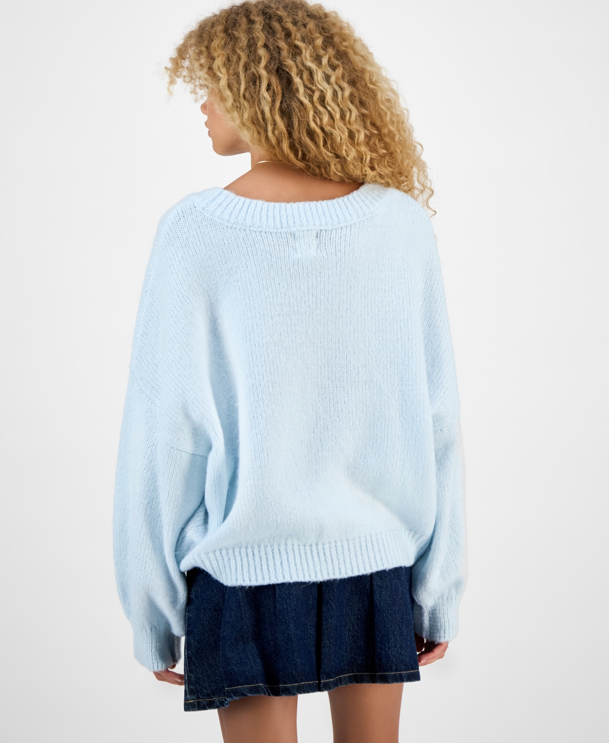 Hippie Rose Juniors' Slouchy Balloon-sleeve Crewneck Sweater In Blue