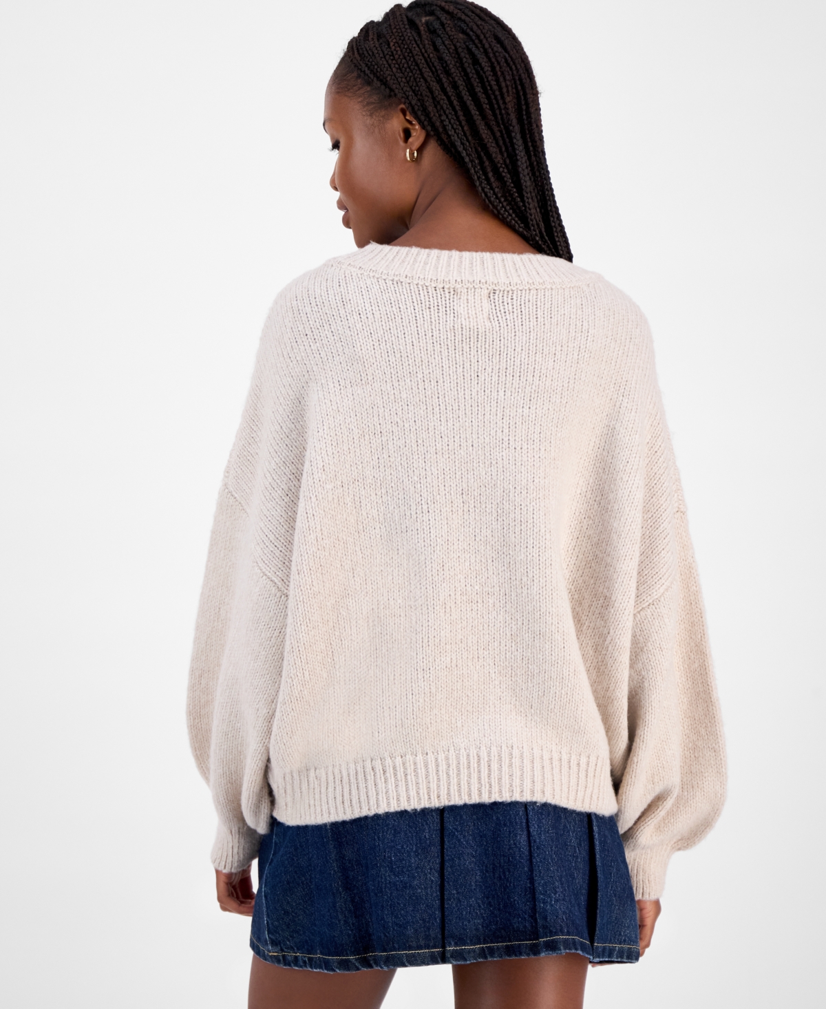 Hippie Rose Juniors' Slouchy Balloon-sleeve Crewneck Sweater In Multi