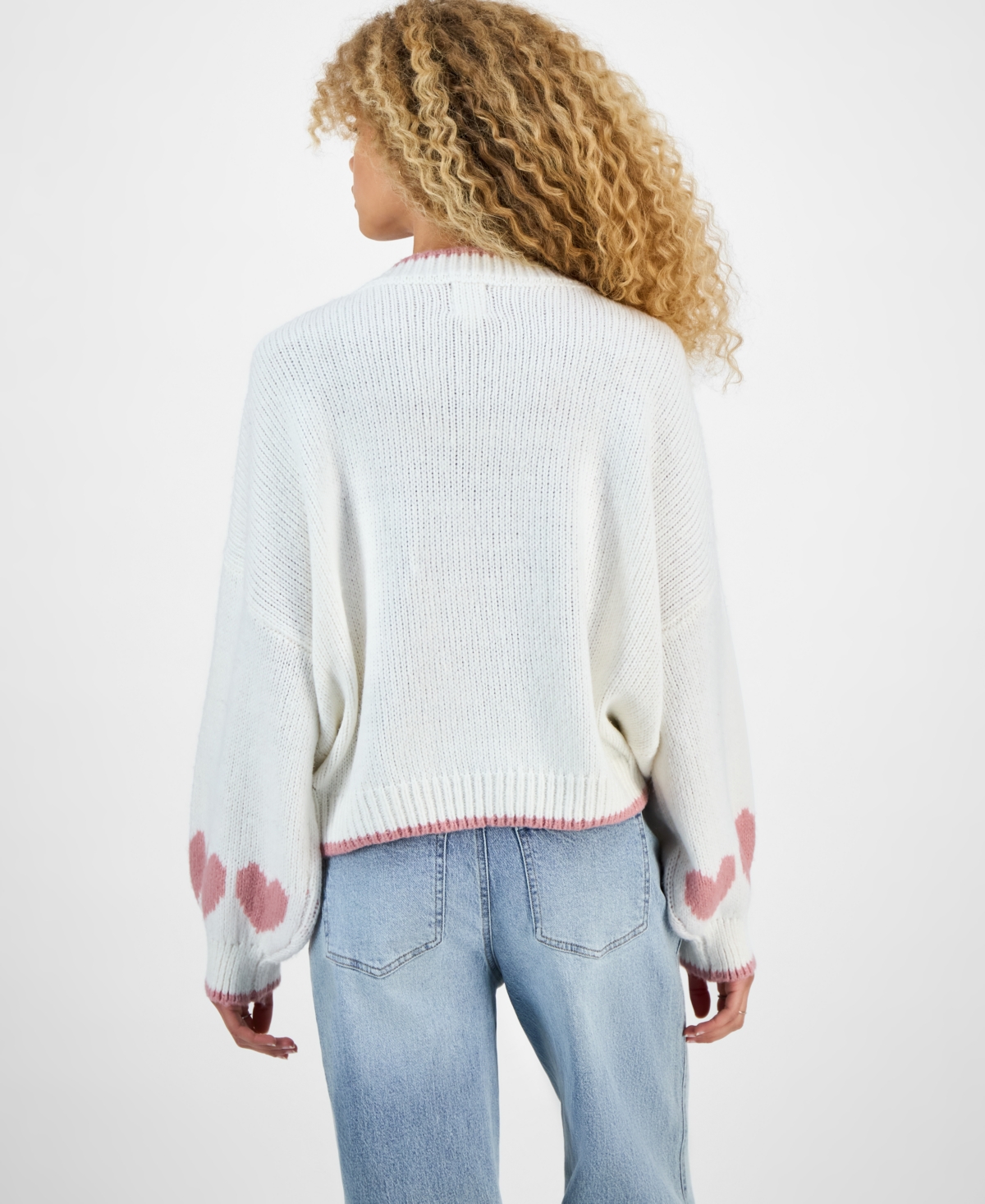 Hippie Rose Juniors' Slouchy Balloon-sleeve Crewneck Sweater In White