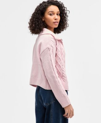 Juniors' Chenille Cable-Knit Collared Full-Zip Cardigan Sweater