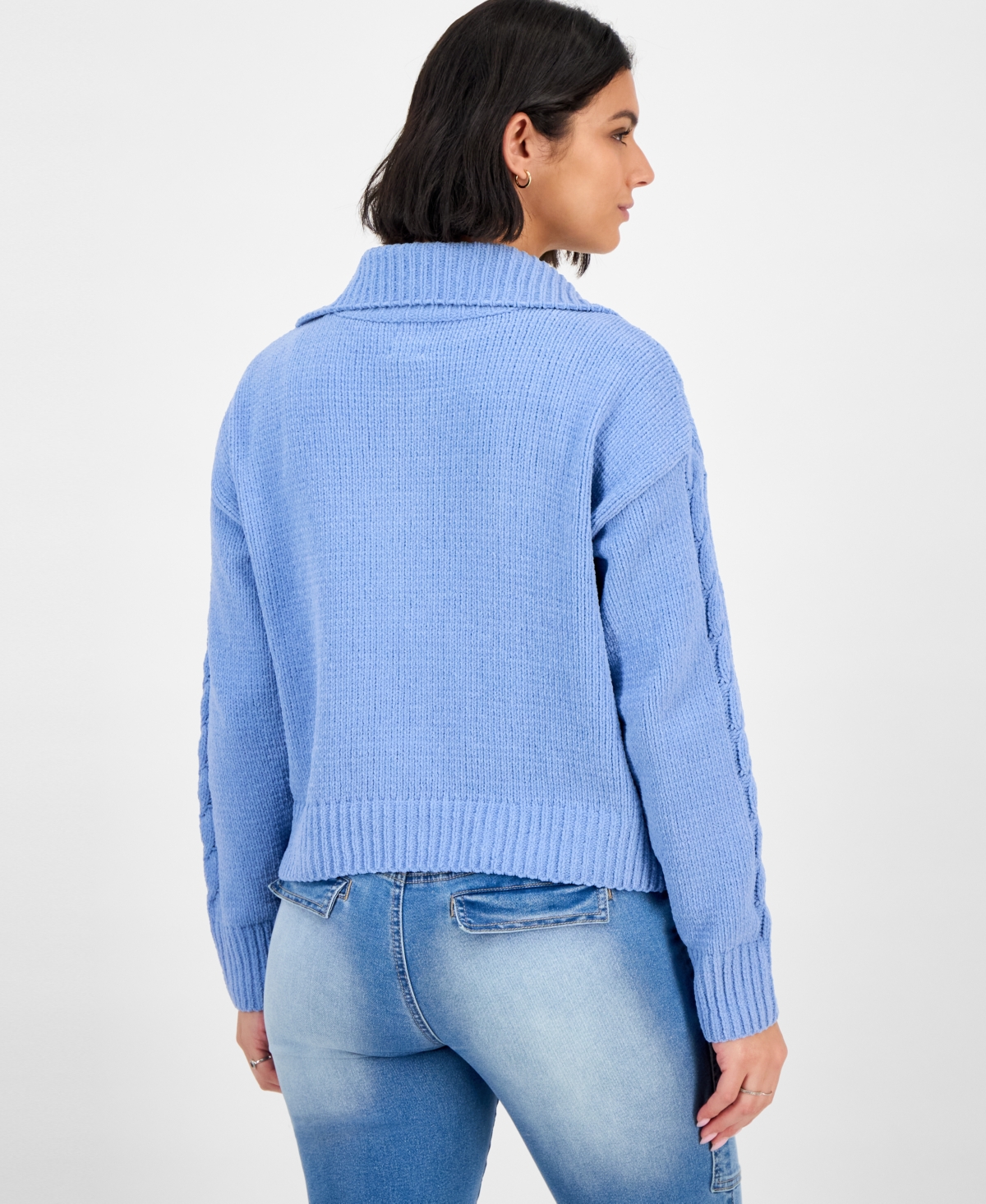 Hippie Rose Juniors' Chenille Cable-knit Collared Full-zip Cardigan In Blue