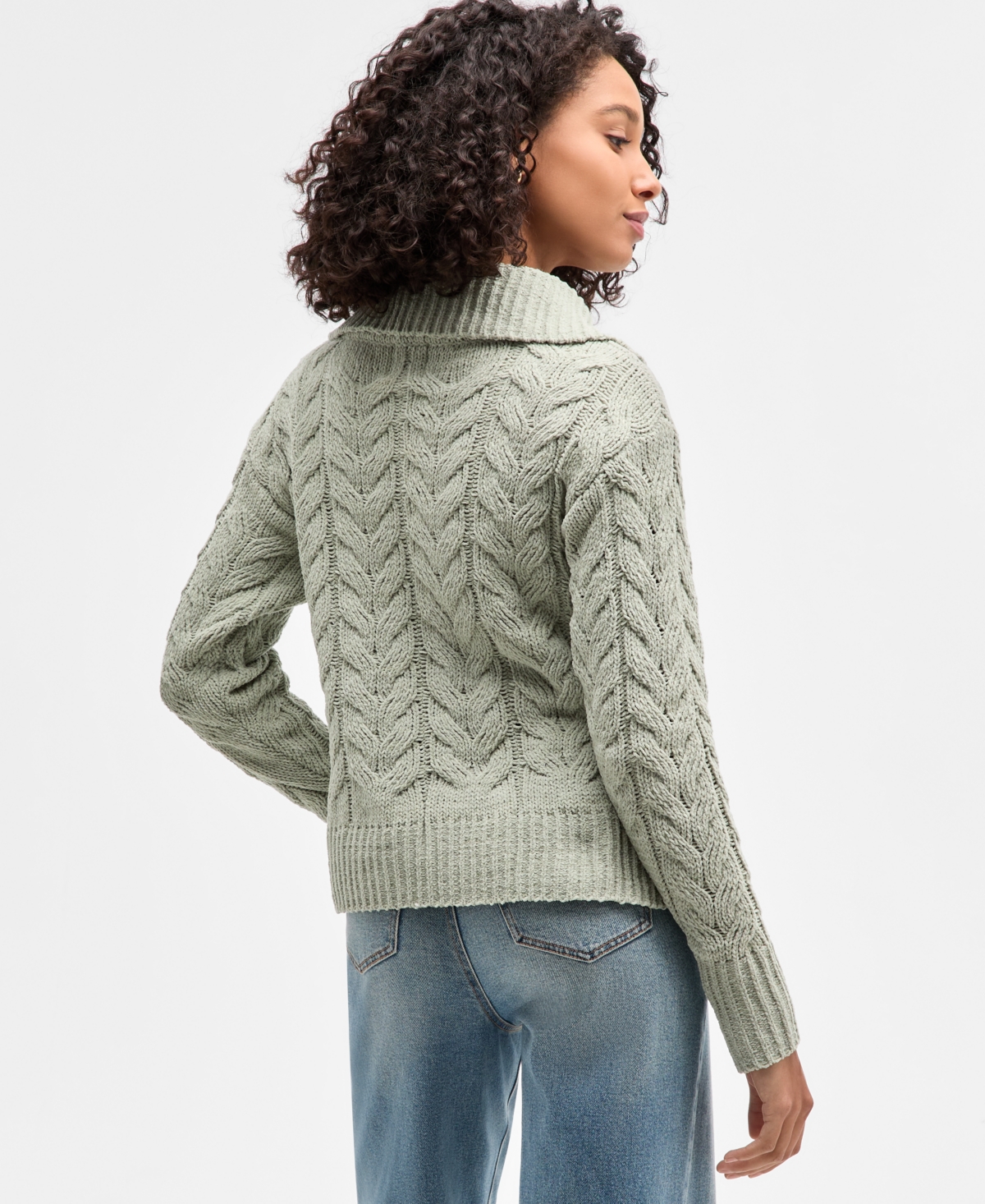 Hippie Rose Juniors' Chenille Cable-knit Half-zip Sweater In Green
