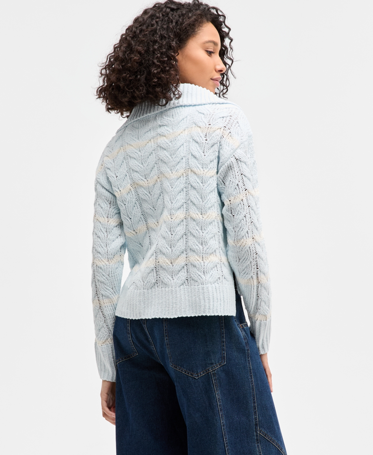 Hippie Rose Juniors' Chenille Cable-knit Half-zip Sweater In Blue