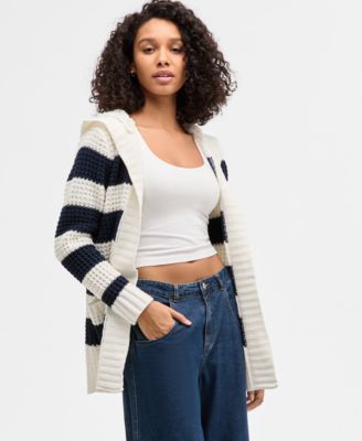 Madden Girl - Juniors' Sherpa-Lined Striped Open Cardigan