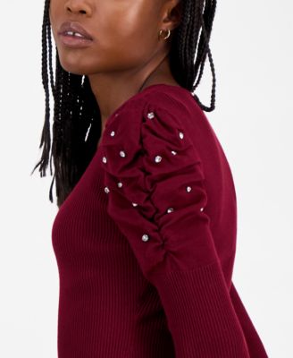 Juniors' Puff-Shoulder Rhinestone Sweater