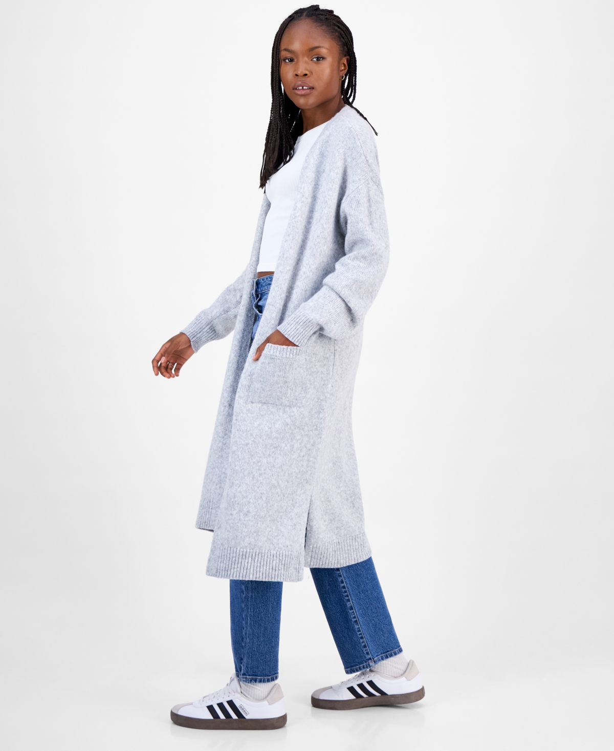 Madden Girl Juniors' Open-front Patch-pocket Duster Cardigan In Gray
