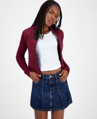 Juniors' Quilted-Front Full-Zip Cardigan