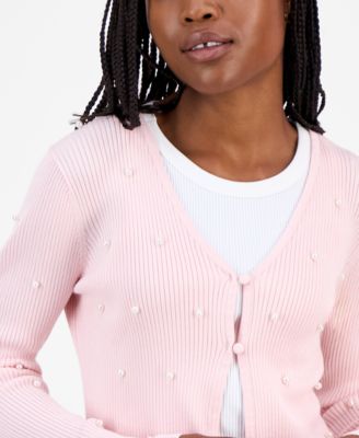 Juniors' Faux-Pearl Ribbed Cardigan