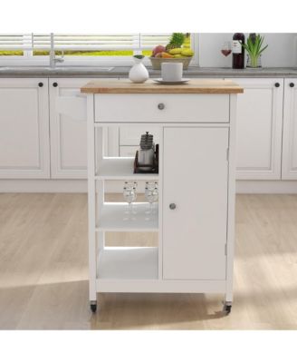 Rolling Kitchen Cart with Adjustable Shelves, Towel Rack and Rubber Wood Top