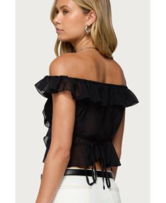 Women's Sheer Chiffon Ruffled Off Shoulder Top