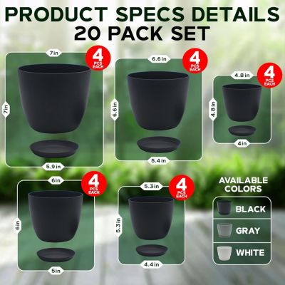 Campior Plastic Plant Pots with Drainage - Home Decor Flower Pot, Stackable Design for Indoor & Outdoor Use, Lightweight and Sturdy, Space-Saving, (7”, 6.6”, 6”, 5.3”, 4.8” Inches), Pack of 20, Black