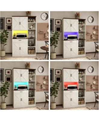 Antique White 71" Farmhouse Pantry Hutch Cabinet, Barn Door Kitchen Storage with LED Lights & Adjustable Shelves, Freestanding Sideboard with Glass Holder