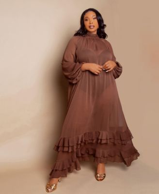 Women's Plus Size Tie Neck Chiffon Maxi Gown