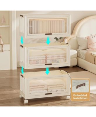 4 Tier Portable Kids Wardrobe Closet with Doors - Baby Clothes Organizer with Wheels, Collapsible Wardrobe Closet with Hanging Rod, Includes 10 Hangers, Ideal for Bedroom, Playroom