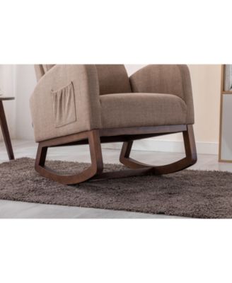 Modern Camel Linen Rocking Glider Chair with Wood Legs, Side Pocket & High Back for Living Room or Nursery