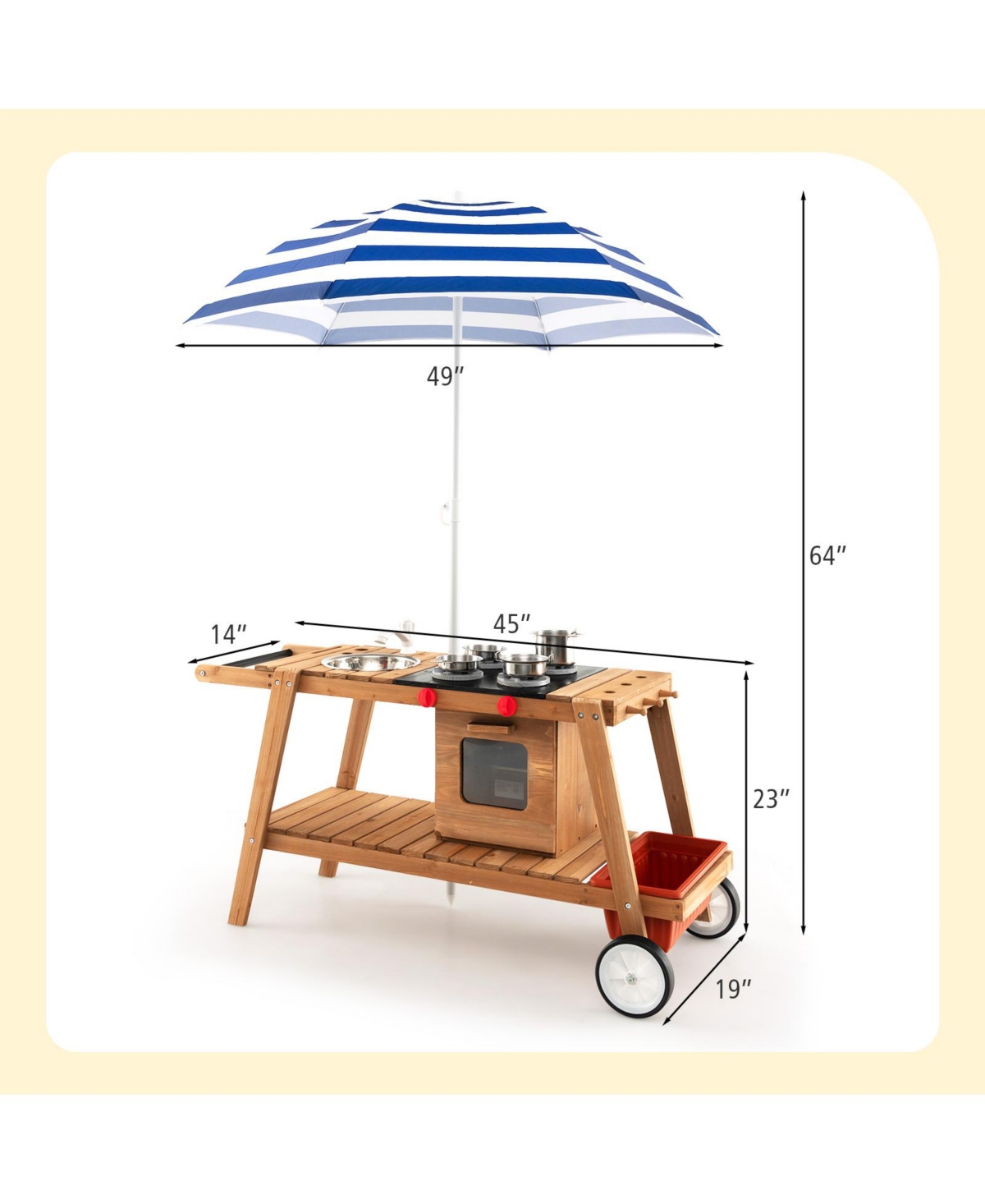 Akiudex Kids Wooden Kitchen Cart Playset with Umbrella, Sink, Stove and Storage