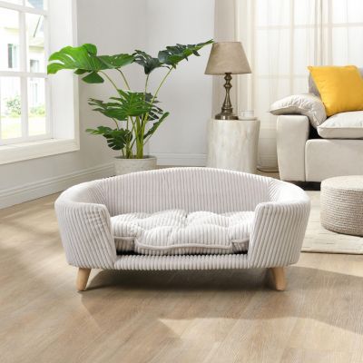 Beige Corduroy Elevated Pet Couch with Wood Legs