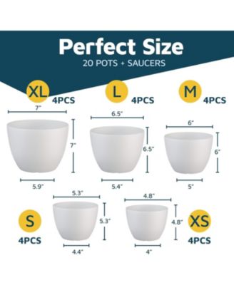 White Plant Pots with Drainage Holes & Saucers 20-Pack – Indoor & Outdoor Stackable Planters, Multiple Sizes, Durable Matte Finish