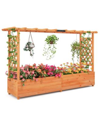 Raised Garden Bed w/ 2-Sided Trellis & Hanging Roof Fir Wood Planter Box w/ Drainage Holes