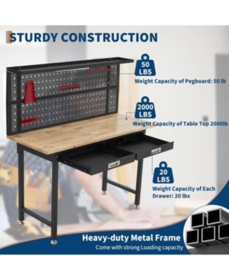 60" Heavy-Duty Metal and Wood Workbench with Drawers, Pegboard, and LED Lighting Tool Storage Table