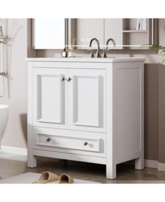 30" Modern Bathroom Vanity with Sink, Bathroom Sink Cabinet with 2 Doors and 1 Drawer, Solid Wooden Frame, White