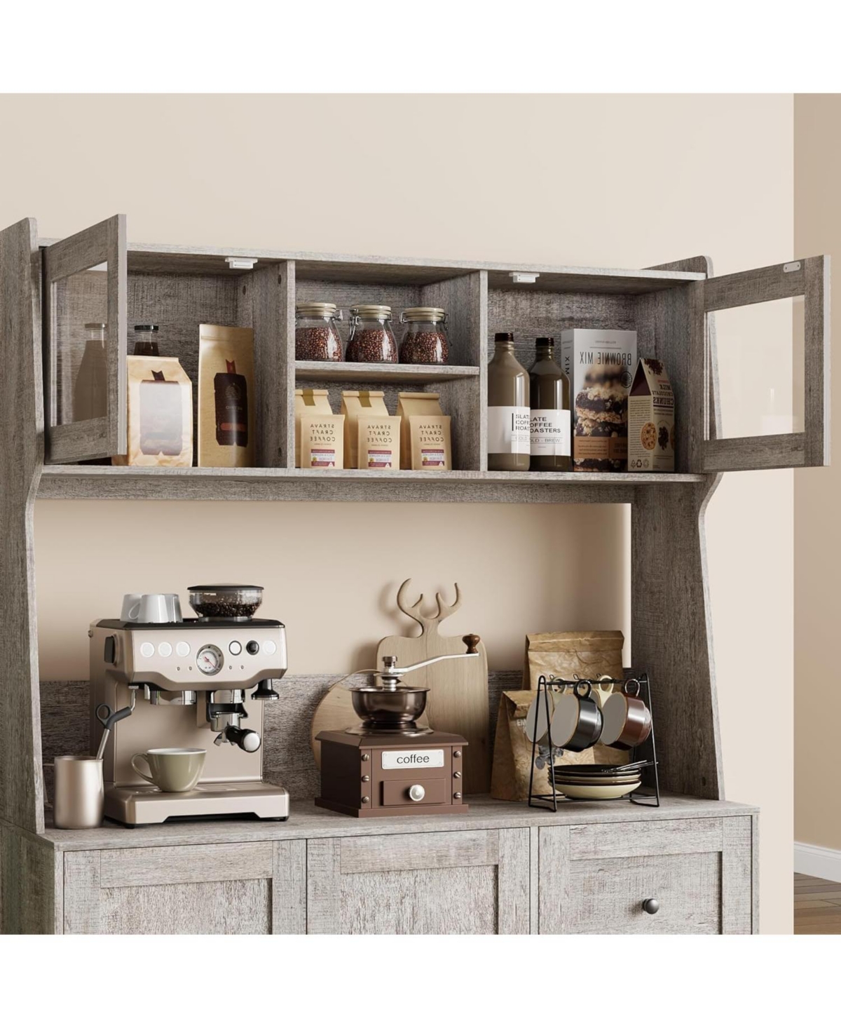 gaomon 67" Tall Kitchen Hutch Storage Cabinet, Farmhosue Coffee Bar Cabinet with 3 Drawers and Led Lights, Freestanding Food Pantry Countertop fo
