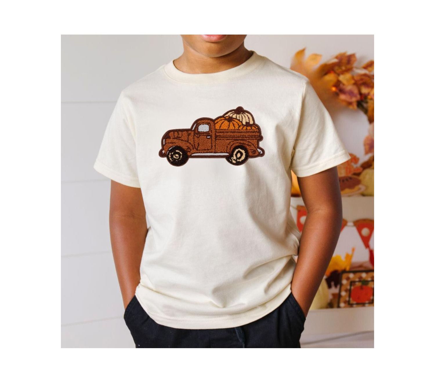 Little and Big Boys Fall Truck Patch Short Sleeve T-Shirt