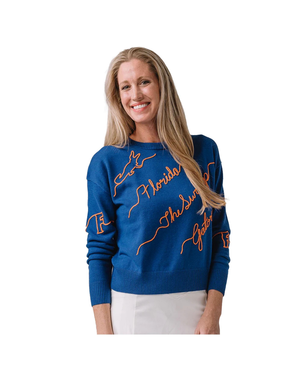 Kadyluxe Royal Florida Gators Love Note Embroidered Pullover Sweater In Blue