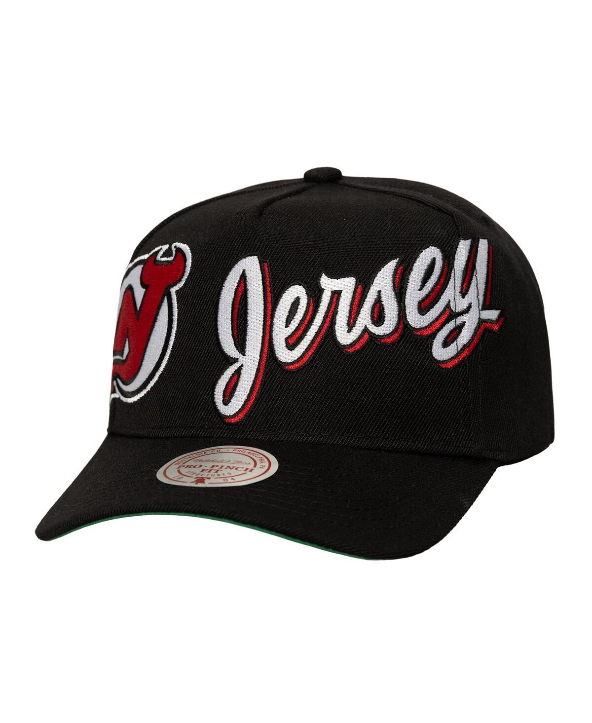 Mitchell & Ness Mitchell Ness Men's Black New Jersey Devils Busted Logo Wordmark Wrap-around Pro Pinch Adjustable Ha In Black