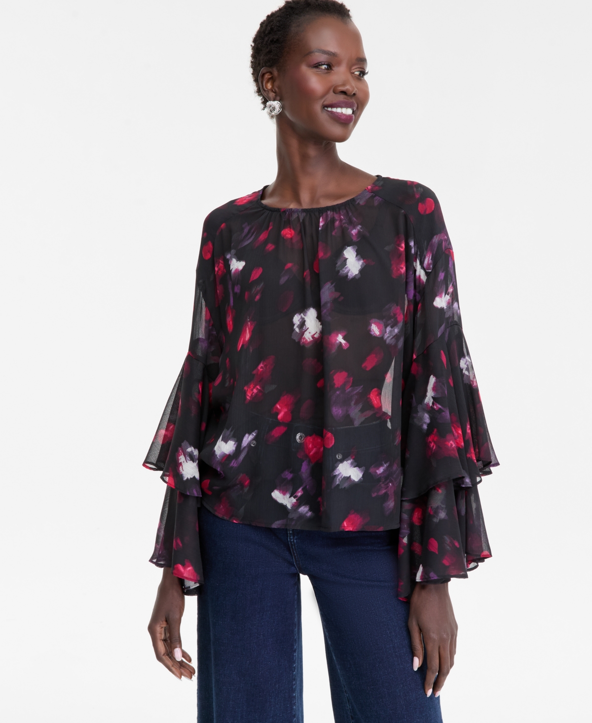 I.n.c. International Concepts Women's Printed Ruffled Top, Macy's Exclusive