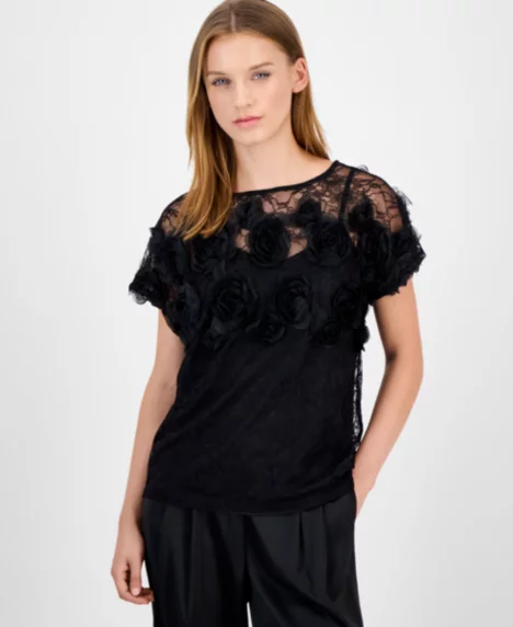 Petite Rosette Lace Boat-Neck Top - Anne Black