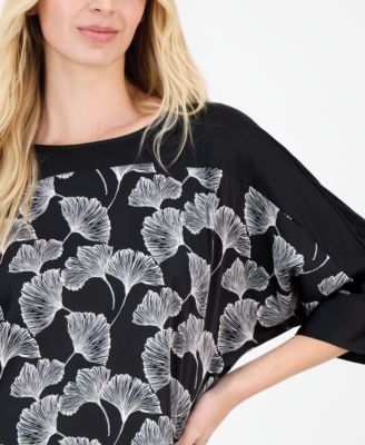 Petite Boat-Neck Printed Satin Top