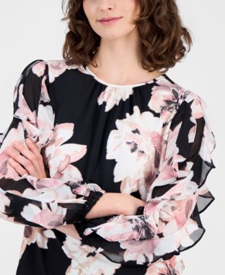 Petite Ruffled-Sleeve Shirred Floral Top