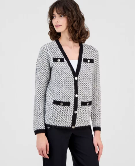 Petite Boucl&eacute; Pocket Cardigan - White Dove Multi