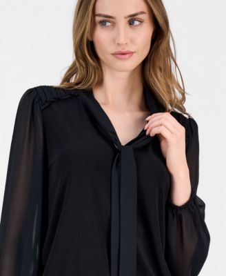 Women's Blouson-Sleeve Tie-Neck Blouse