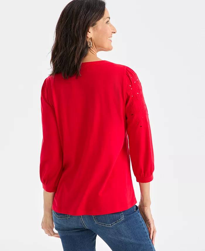 Women's Floral Embroidery Shine Knit Top - thumbnail 2