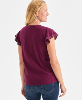 Women's Cotton Embroidered Flutter-Sleeve Knit Top, Macy's Exclusive