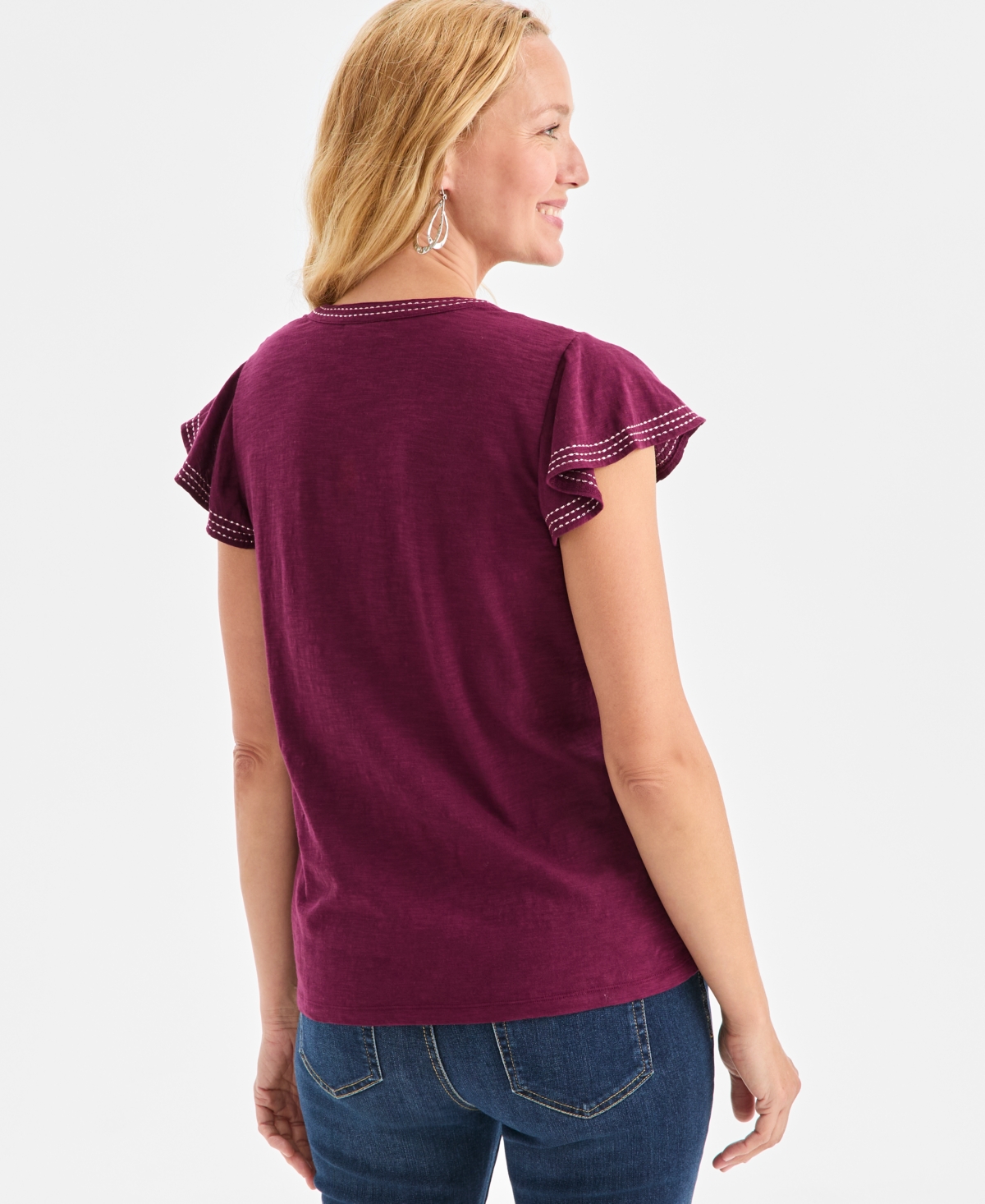 Style & Co Women's Cotton Embroidered Flutter-sleeve Knit Top, Macy's Exclusive In Multi
