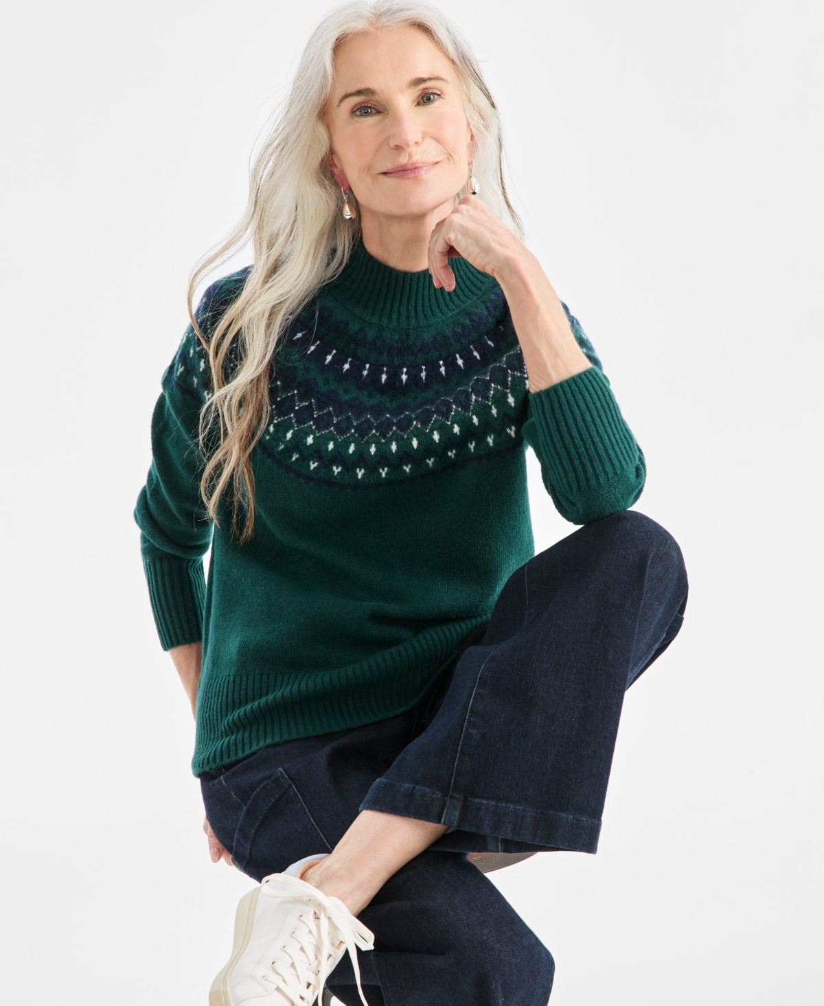 Style & Co Women's Mock-neck Fair Isle Sweater, Macy's Exclusive In Green