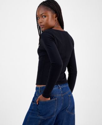 Juniors' Square-Neck Ribbed Long-Sleeve Picot Bow Top