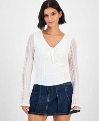 Ultra Flirt - Juniors' Lace V-Neck Bell-Sleeve Top