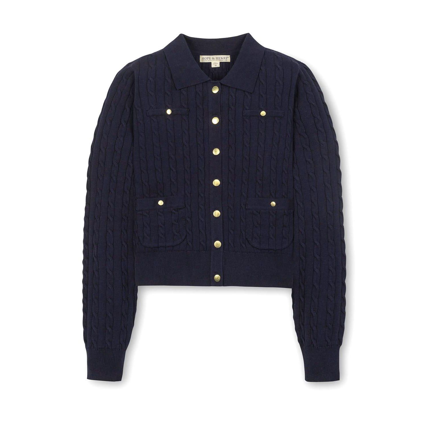 Women's Hope and Henry Organic Cable Knit Collared Cardigan Sweater