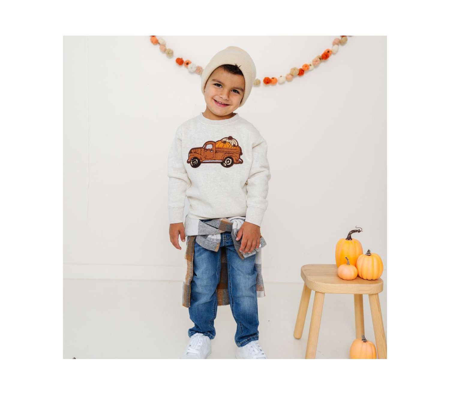 Little and Big Boys Fall Truck Patch Sweatshirt