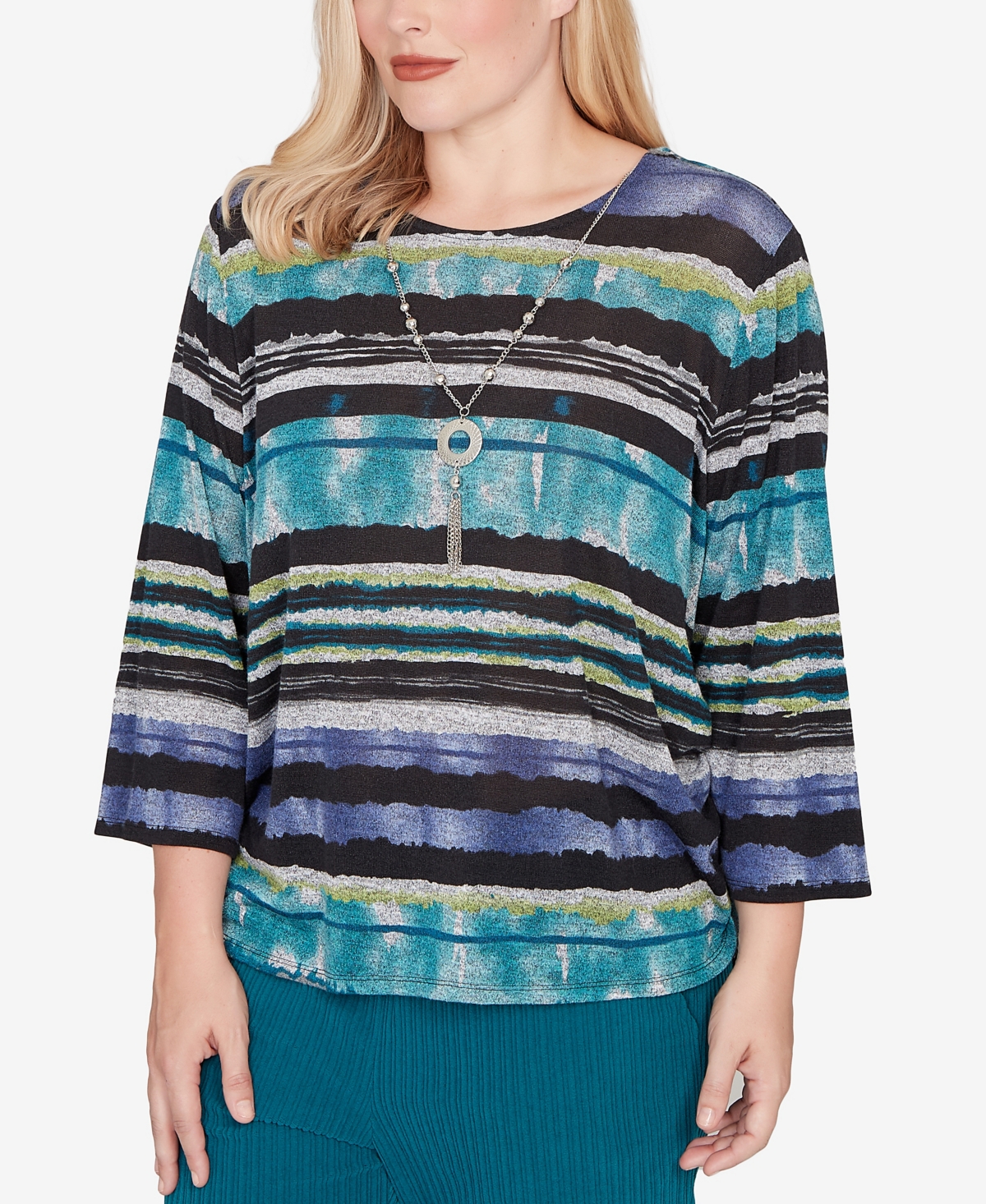 Alfred Dunner Petite Lake Champlain Biadere Melange Stripe Top With Necklace In Multi
