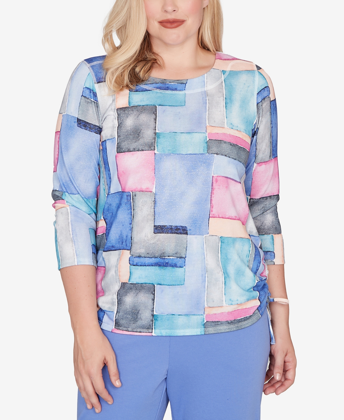 Alfred Dunner Petite Casual Vibe Tie Side Ruched Colorblock Top In Multi