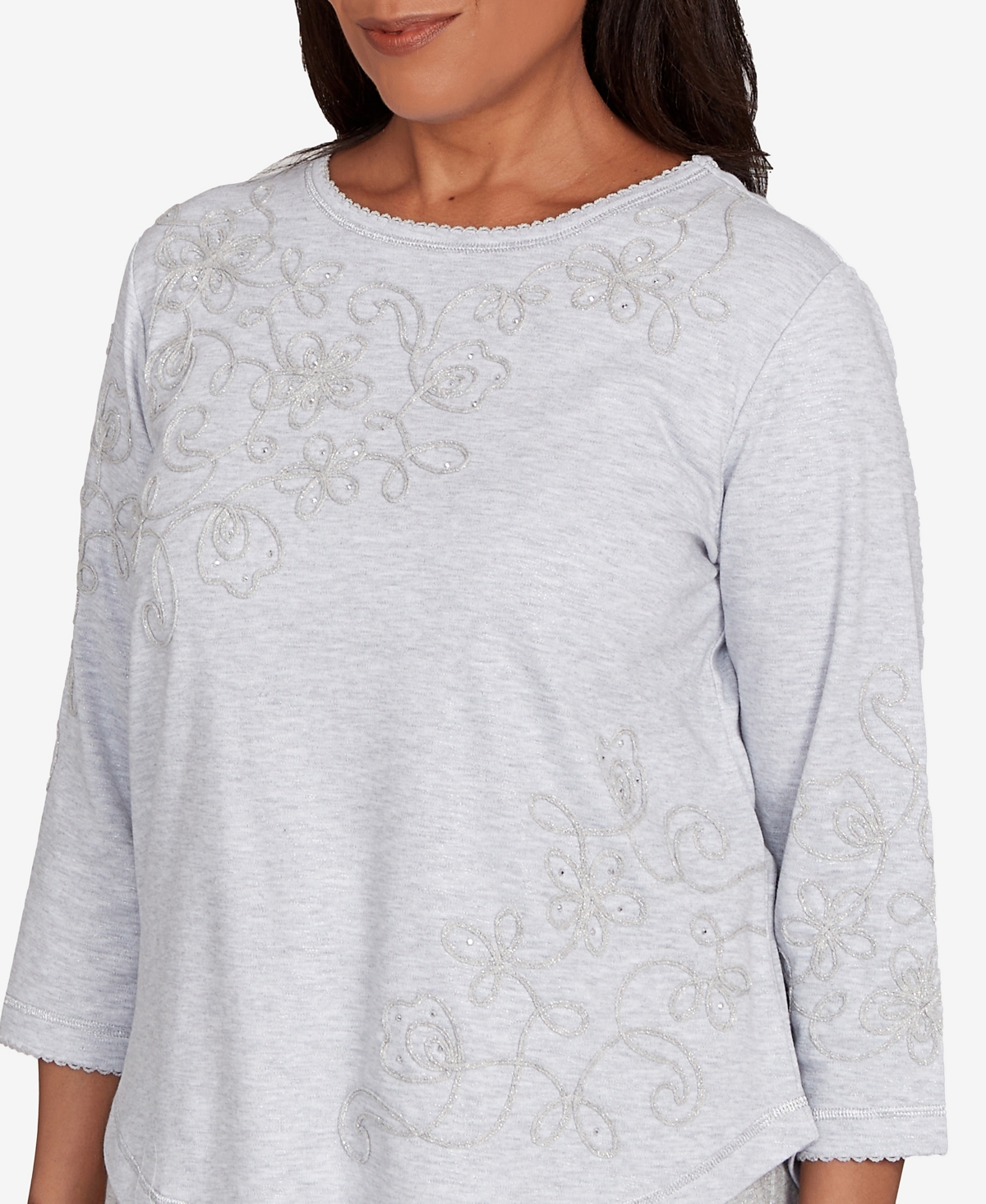 Alfred Dunner Petite Casual Vibe Asymmetrical Floral Embroidered Detail Top In Silver