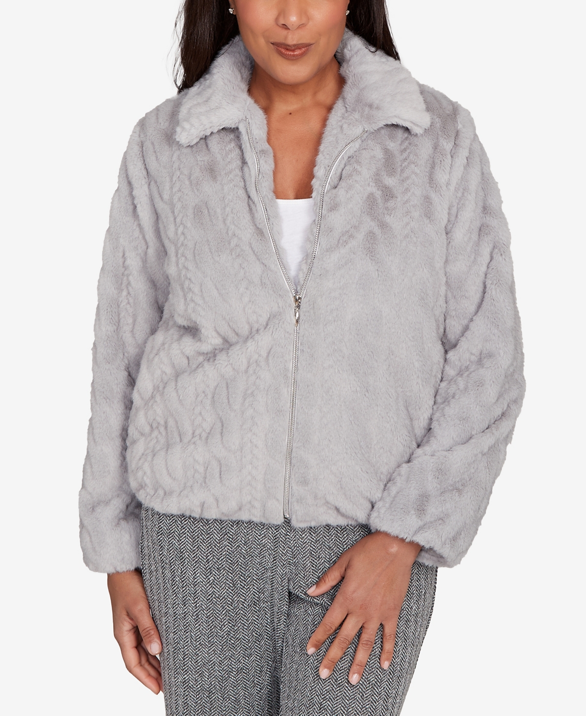 Alfred Dunner Petite Jet Setter Sculpted Faux Fur Zip Up Jacket In Gray
