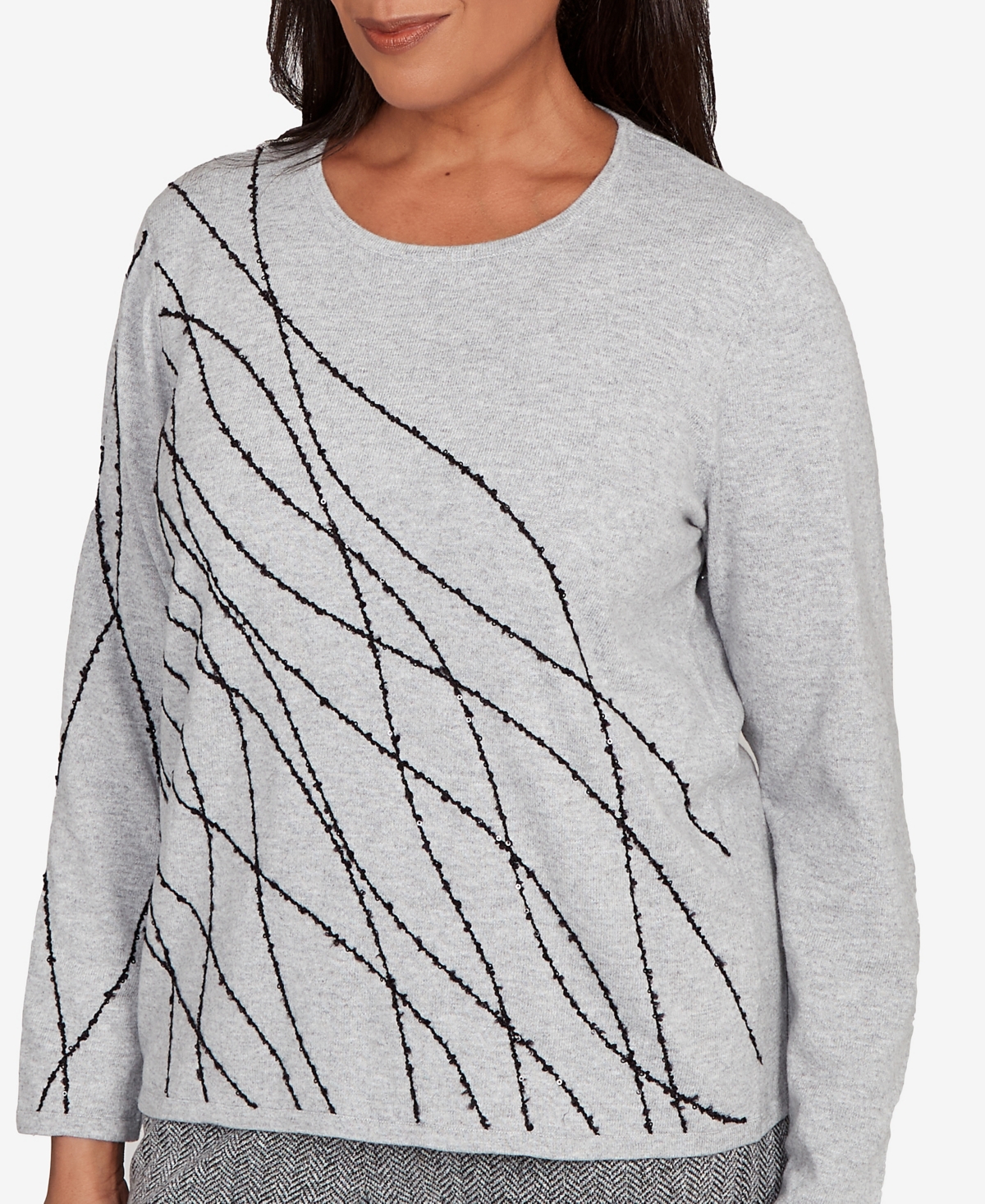 Alfred Dunner Petite Jet Setter Abstract Cording Sweater In Gray