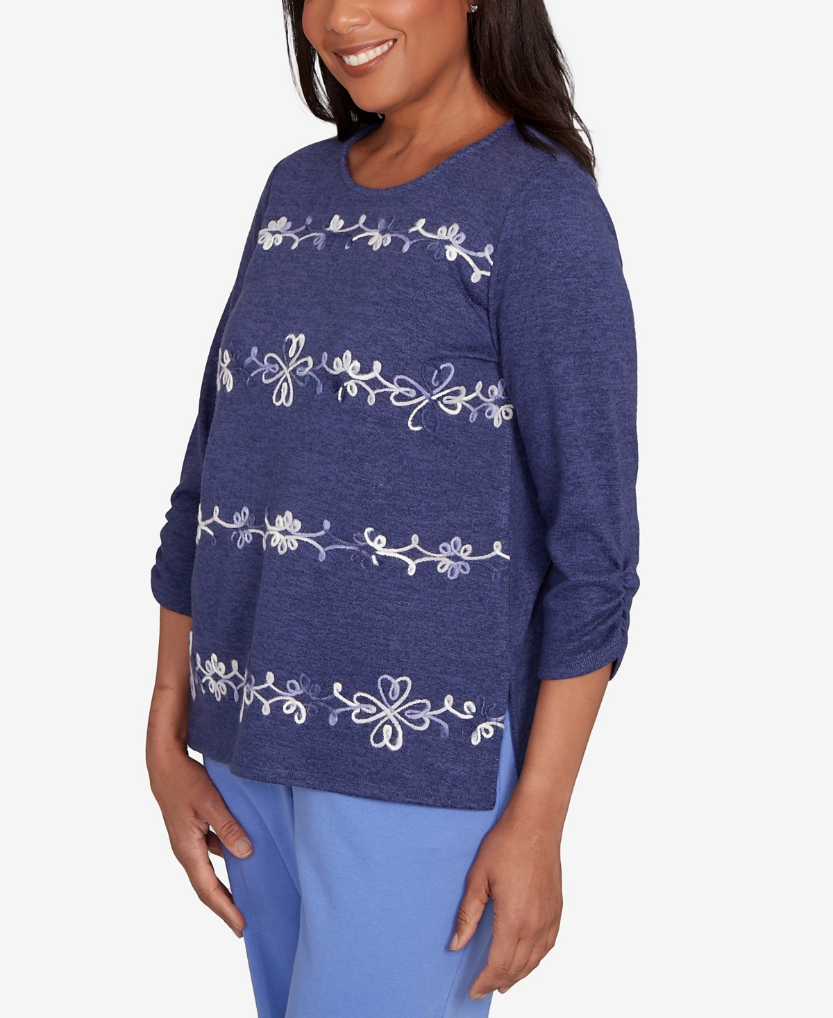 Alfred Dunner Petite Lake Champlain Embroidered Scroll Ruched Sleeve Top In Purple