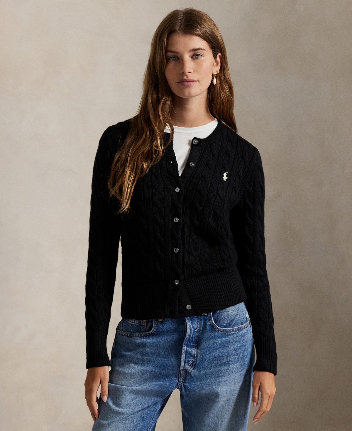 Polo Ralph Lauren Button-up Cable Knit Sweater-cardigan With Ribbed Detailing In Black
